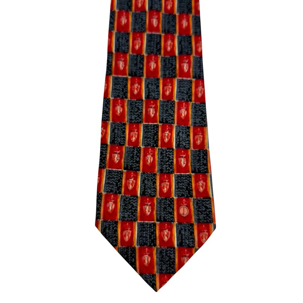 VTG Dunhill‎ 100% Silk Necktie Crest Checkerboard Crown Heraldic Red Black Gold - Picture 3 of 9